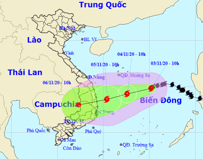 Họa đồ vị trí và hướng di chuyển của bão số 10 (Nguồn: Trung tâm Dự báo Khí tượng thủy văn Quốc gia)