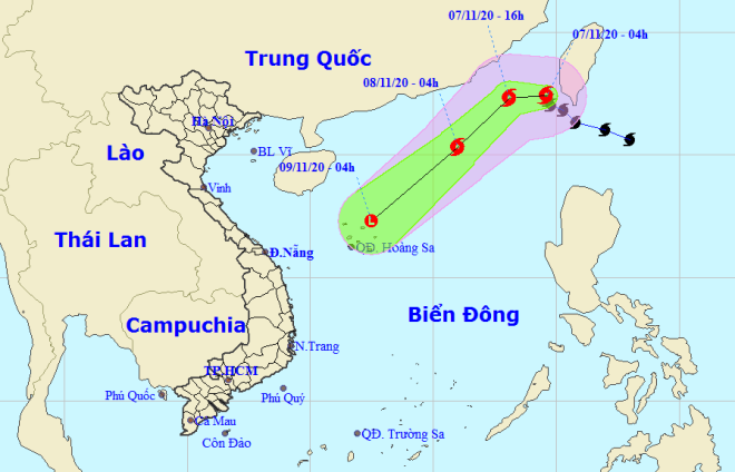 Họa đồ vị trí và hướng di chuyển của bão số 11 (bão Atsani). Nguồn: Trung tâm Dự báo Khí tượng thủy văn Quốc gia