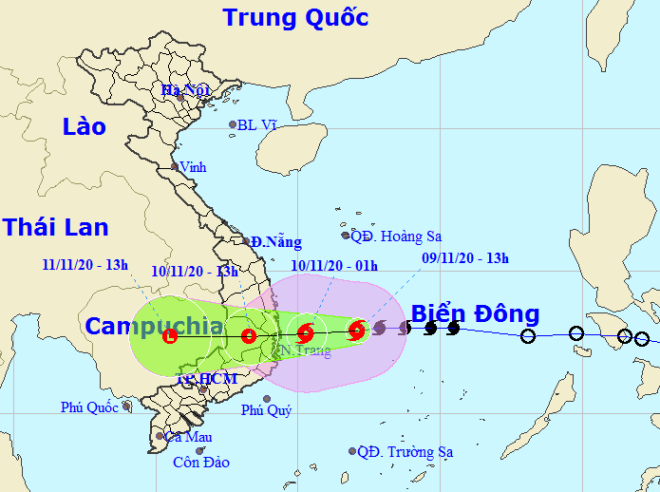 Họa đồ vị trí và hướng di chuyển của bão số 12 (Nguồn: Trung tâm Dự báo Khí tượng thủy văn Quốc gia)