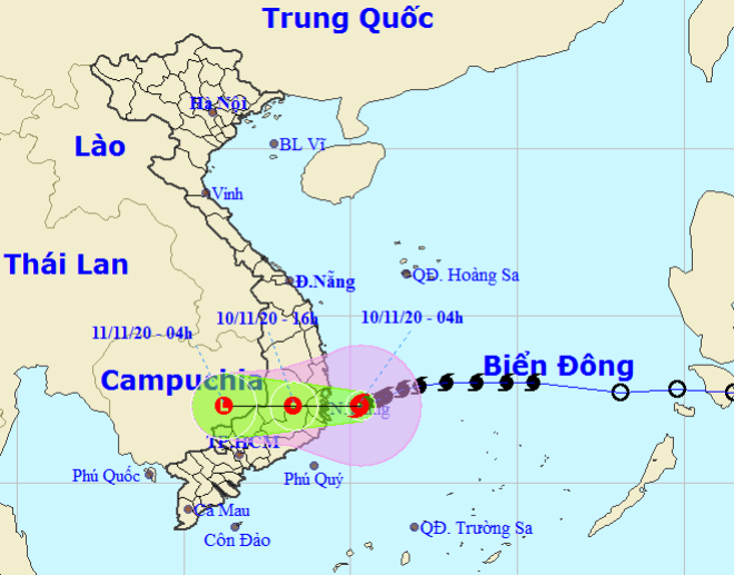 Họa đồ vị trí và hướng di chuyển của bão số 12 (Nguồn: Trung tâm Dự báo Khí tượng thủy văn Quốc gia)