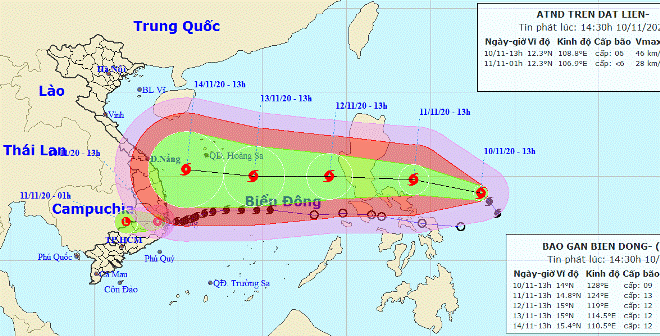 Họa đồ vị trí và hướng di chuyển của bão Vamco (Nguồn: Trung tâm Dự báo Khí tượng thủy văn Quốc gia)