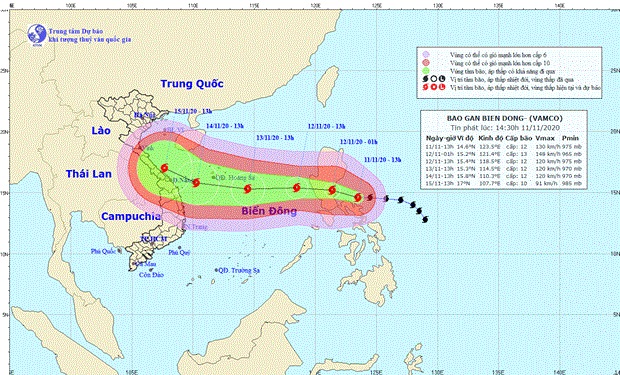 Storm Vamco will enter the East Sea on the morning of November 12 with winds of up to 133 km/h, and then hit the central region on November 15. (Photo: nchmf.gov.vn)
