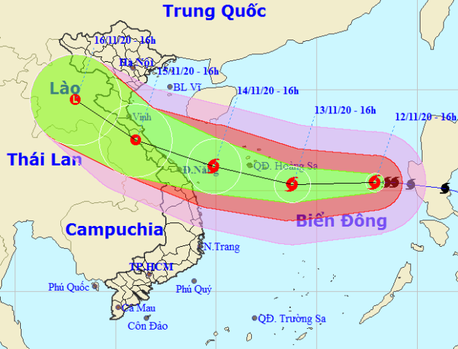 Họa đồ vị trí và hướng di chuyển của bão số 13 (Nguồn: Trung tâm Dự báo Khí tượng thủy văn Quốc gia)