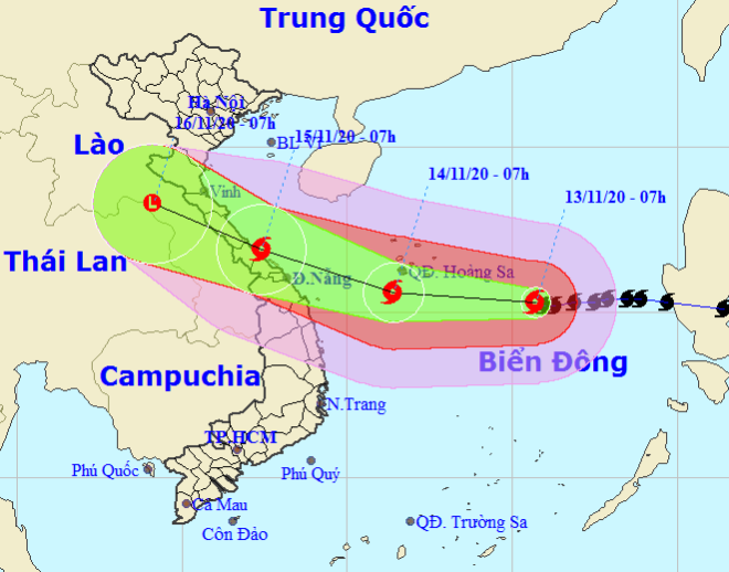 Họa đồ vị trí và hướng di chuyển của bão số 13 (Nguồn: Trung tâm Dự báo Khí tượng thủy văn Quốc gia)