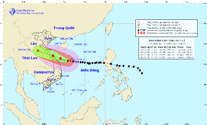 Lúc 10 giờ ngày 14-11, bão số 13 đang cách Đà Nẵng 300km. Nguồn: Trung tâm Dự báo Khí tượng thủy văn Quốc gia