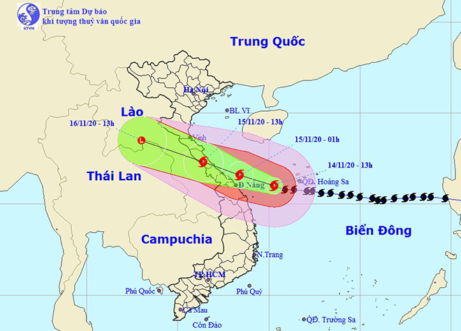 Họa đồ vị trí và hướng di chuyển của bão số 13 (Nguồn: Trung tâm Dự báo Khí tượng thủy văn quốc gia)