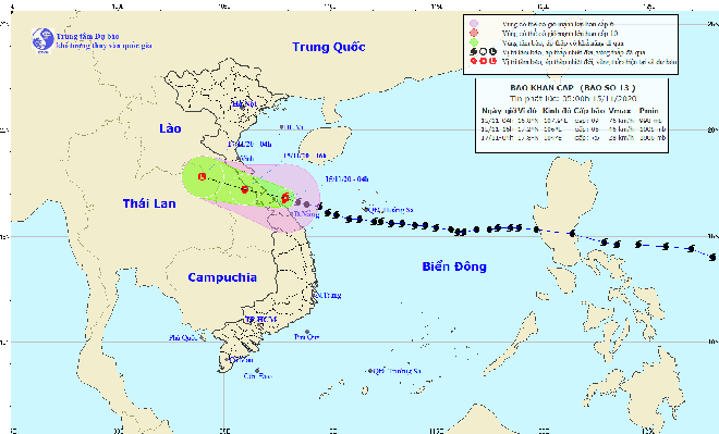 Họa đồ diễn biến bão số 10 từ Trung tâm Dự báo khí tượng thủy văn Quốc gia cung cấp lúc 5 giờ ngày 15-11