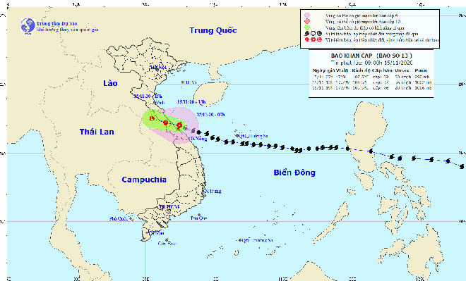 Bão số 13 đi vào đất liền từ Hà Tĩnh đến Thừa Thiên Huế và nhanh chóng suy yếu thành áp thấp nhiệt đới. Nguồn: Trung tâm Dự báo Khí tượng Thủy văn Quốc gia