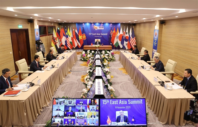 A view of the 15th EAS in Hà Nội. The 15th East Asia Summit (EAS) took place virtually on November 14, during which leaders exchanged views on regional and international issues of shared concern, including the COVID-19 pandemic and economic recovery.