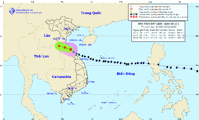 bão số 13 đã vào đất liền khu vực phía bắc Quảng Bình và phía nam Hà Tĩnh. Nguồn: Trung tâm Dự báo khí tượng thủy văn Quốc gia