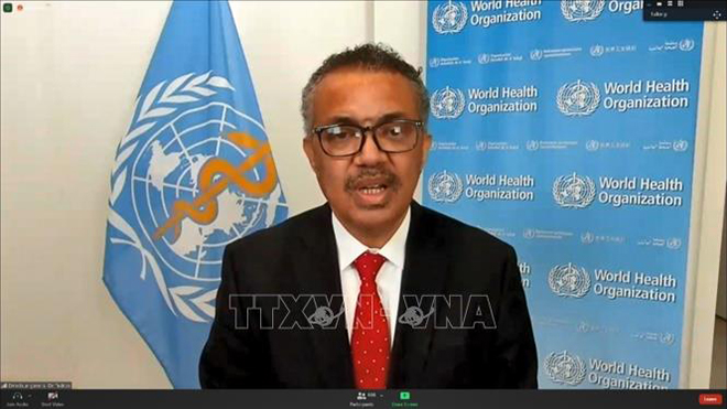 Tổng Giám đốc Tổ chức Y tế Thế giới (WHO) Tedros Adhanom Ghebreyesus phát biểu tại Geneva, Thụy Sĩ, ngày 9-11/2020. Ảnh: THX/TTXVN 