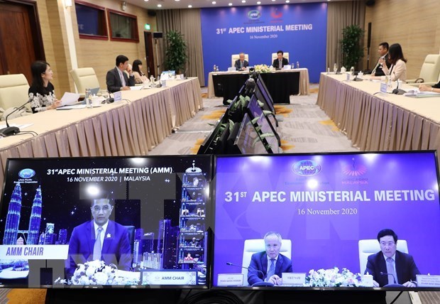 Deputy Prime Minister and Foreign Minister Pham Binh Minh and Minister of Industry and Trade Tran Quoc Khanh attend the 31st APEC Ministerial Meeting via video conference on November 16. (Photo: VNA)