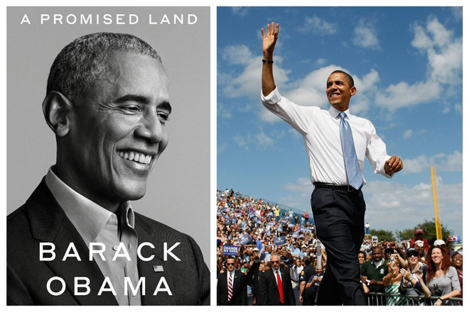 Bìa cuốn sách A Promised Land và chân dung cựu Tổng thống Mỹ Barack Obama. Ảnh: EVENING STANDARD	