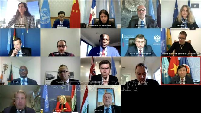Đại diện các nước thành viên Hội đồng Bảo an Liên hợp quốc họp trực tuyến liên quan đến Phái bộ Liên hợp quốc hỗ trợ Iraq (UNAMI). Ảnh: Hữu Thanh-P/v TTXVN tại New York, Hoa Kỳ