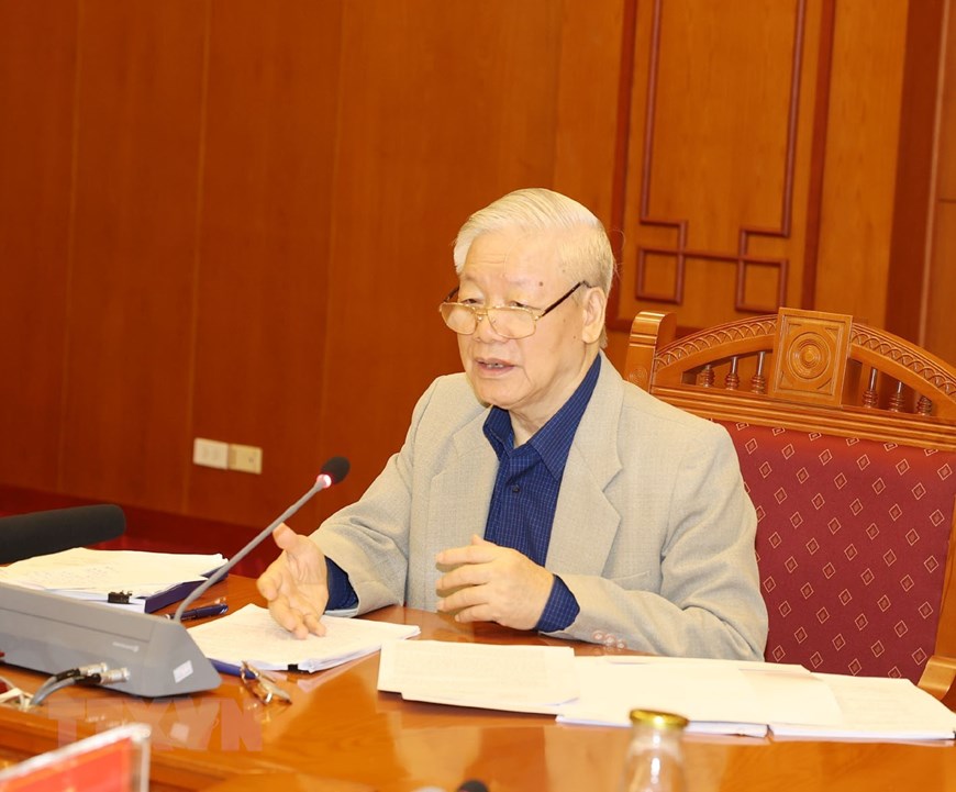 Tổng Bí thư, Chủ tịch nước Nguyễn Phú Trọng phát biểu chỉ đạo cuộc họp. Ảnh: TTXVN