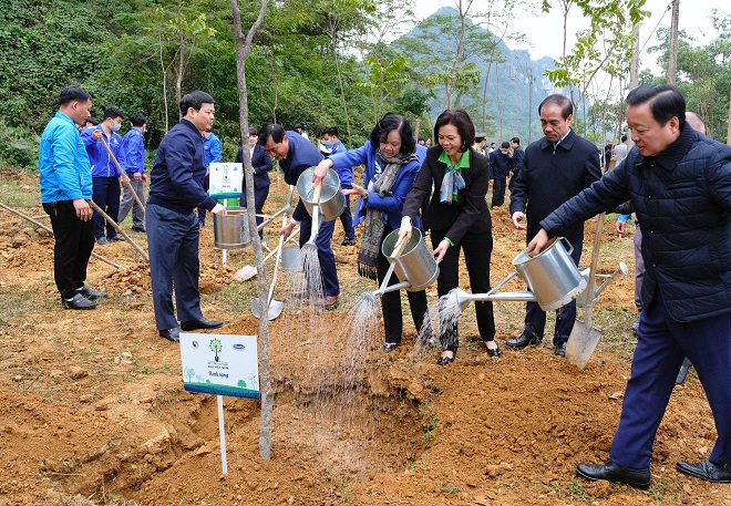 Khu vực Lán Hang Thia, Khu di tích lịch sử Tân Trào các đại biểu và đoàn viên thanh niên, học sinh của tỉnh Tuyên Quang cùng nhau trồng cây.
