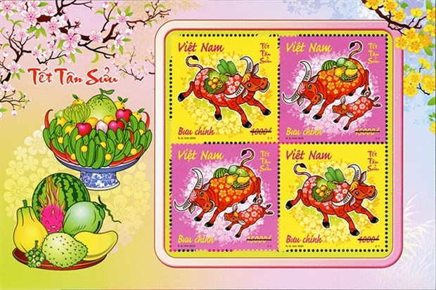 Stamps portraying a happy family of water buffalos have recently been released to celebrate the upcoming Tết (Lunar New Year). (Photo www.vnpost.vn)