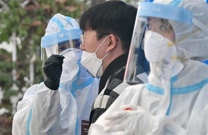 Nhân viên y tế lấy mẫu xét nghiệm COVID-19 cho người dân tại Seoul, Hàn Quốc ngày 27/11/2020. Ảnh: AFP/TTXV