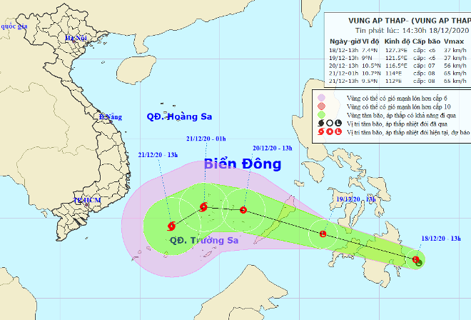 Họa đồ vị trí và hướng di chuyển của vùng áp thấp có khả năng mạnh lên thành áp thấp nhiệt đới. (Nguồn: Trung tâm Dự báo Khí tượng thủy văn Quốc gia)