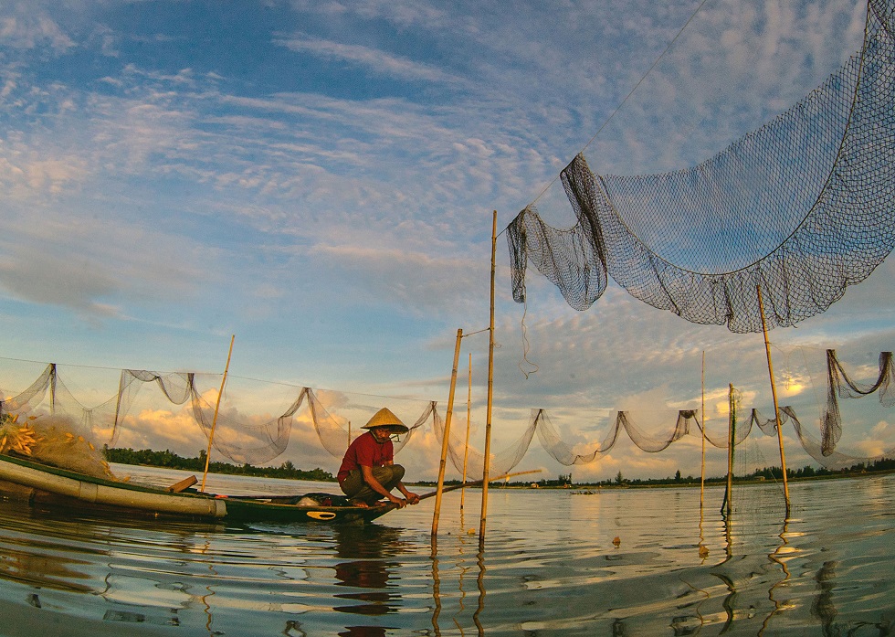  A view of seine fishing, a method of fishing that employs a fishing net, called a seine, that hangs vertically in the water with its bottom edge held down by weights and its top edge buoyed by floats