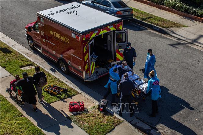 Nhân viên y tế chuyển bệnh nhân mắc COVID-19 vào bệnh viện ở New York, Mỹ ngày 13/11. Ảnh: AFP/TTXVN