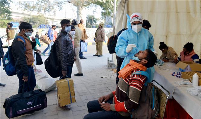 Nhân viên y tế lấy mẫu xét nghiệm Covid-19 cho người dân tại Delhi, Ấn Độ. Ảnh: THX/TTXVN