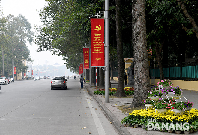 Hoa và băng rôn tuyên truyền trên phố Hùng Vương. Ảnh: ĐẶNG NỞ