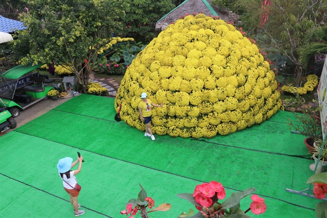 Tourists take photo with the giant flower bouquet in Sa Đéc City. — VNA/VNS Photo Nguyễn Văn Trí