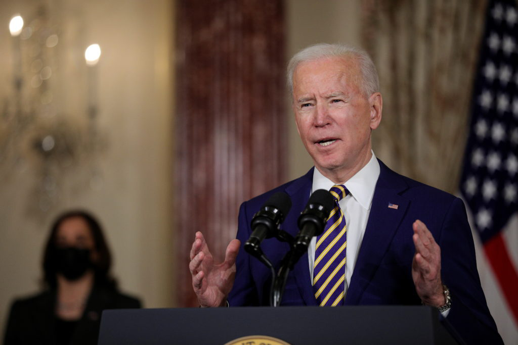 Tổng thống Joe Biden phát biểu về chính sách đối ngoại tại trụ sở Bộ Ngoại giao Mỹ. Ảnh: Reuters