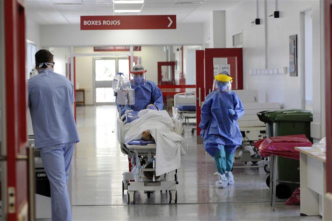 Nhân viên y tế chuyển bệnh nhân COVID-19 tại bệnh viện ở Mendoza, Argentina. Ảnh: AFP/ TTXVN