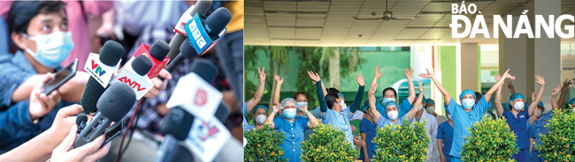 Tác nghiệp báo chí và cảm xúc của các y, bác sĩ trong ngày dỡ bỏ phong tỏa Bệnh viện Đà Nẵng. Ảnh: LÊ HOÀNG NAM