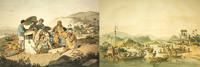   “A group of Cochin Chinese” (ảnh trái) và “Shipping on the River Faifoo” - hai bức tranh trong tác phẩm A Voyage to Cochinchina có liên quan đến Đà Nẵng. (Ảnh tư liệu)