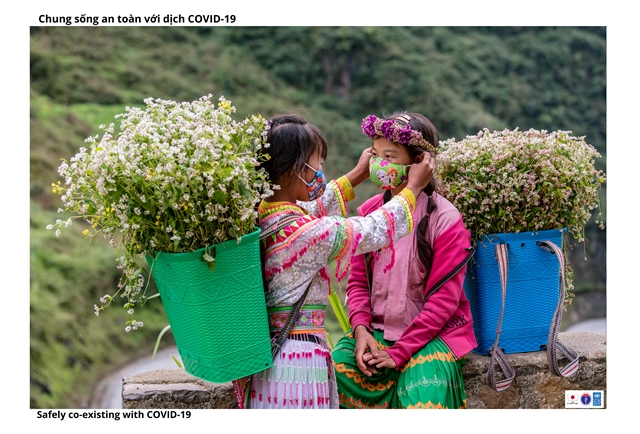 Two ethnic minority girls wear masks while selling flowers to tourists at Tham Ma slope, northern mountain Hà Giang Province. — Photo courtesy of the MoH