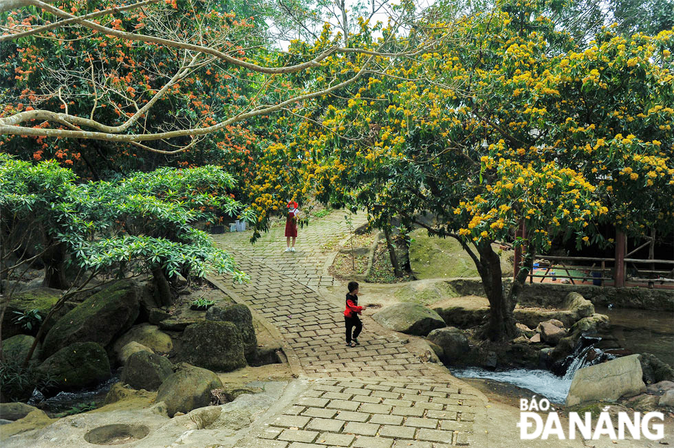 A little boy running on a 'Ri' flowers-lined road 