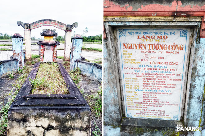 Mộ Nguyễn Tạo (ảnh trái) và bia mộ của ông được con cháu trùng tu năm 2002. Ảnh: T.M