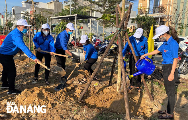 Đoàn viên thanh niên quận Liên Chiểu ra quân trồng cây xanh bảo vệ môi trường trong Tháng Thanh niên 2021.            Ảnh: L.P