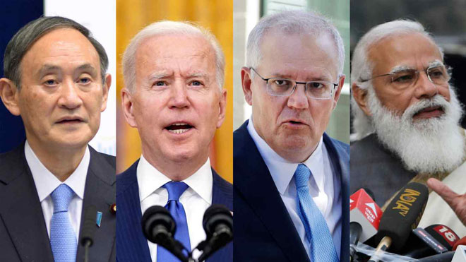 Từ trái sang: Thủ tướng Nhật Bản Suga Yoshihide, Tổng thống Mỹ Joe Biden, Thủ tướng Úc Scott Morrison và Thủ tướng Ấn Độ Narendra Modi tham dự cuộc họp trực tuyến “Bộ Tứ kim cương” ngày 12-3. Ảnh: AP	