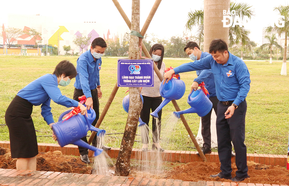 Some members of the Da Nang YU planting trees to protect the environment in response to the Youth Month campaign  