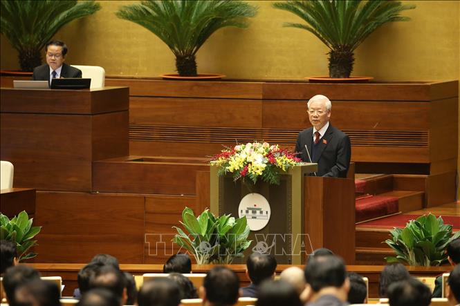 Tổng Bí thư, Chủ tịch nước Nguyễn Phú Trọng trình bày Báo cáo tổng kết công tác nhiệm kỳ 2016-2021 của Chủ tịch nước. Ảnh: Dương Giang/TTXVN