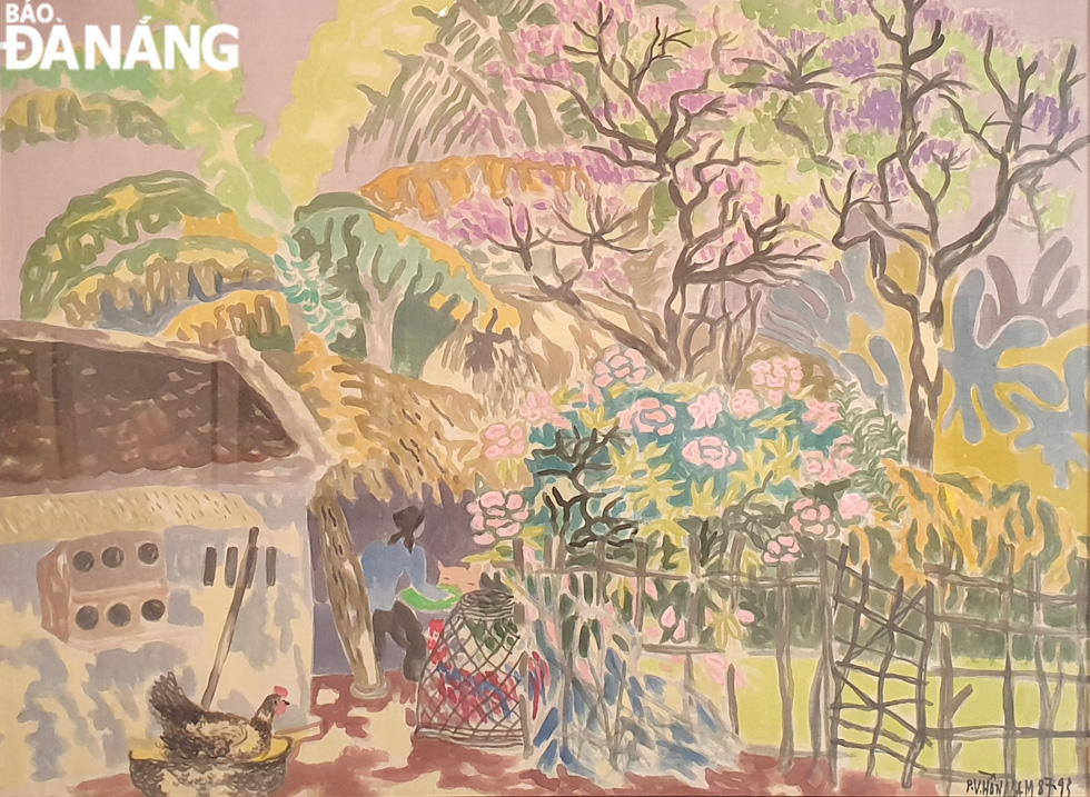 Sân vườn (Màu nước trên lụa, 1987) của Phạm Viết Hồng Lam.