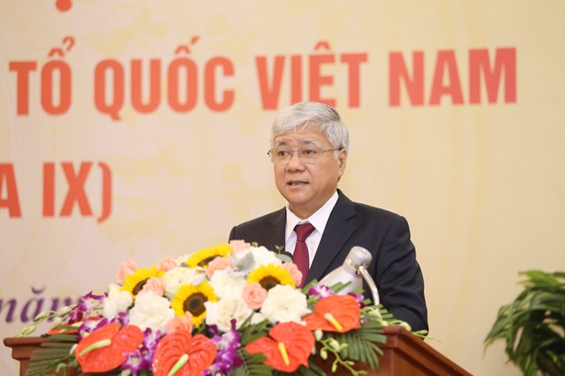 Do Van Chien, President of the VFF Central Committee for the ninth tenure, speaks at the meeting in Hanoi on April 12 (Photo: VNA)