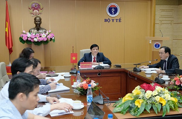 Vietnamese representatives at the online meeting with the Cambodian side(Photo: VNA)