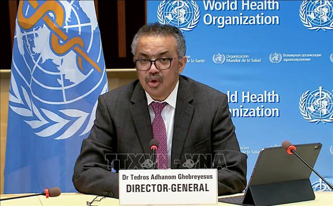 Tổng Giám đốc Tổ chức Y tế Thế giới (WHO) Tedros Adhanom Ghebreyesus tại cuộc họp báo ở Geneva (Thụy Sĩ). Ảnh: AFP/TTXVN