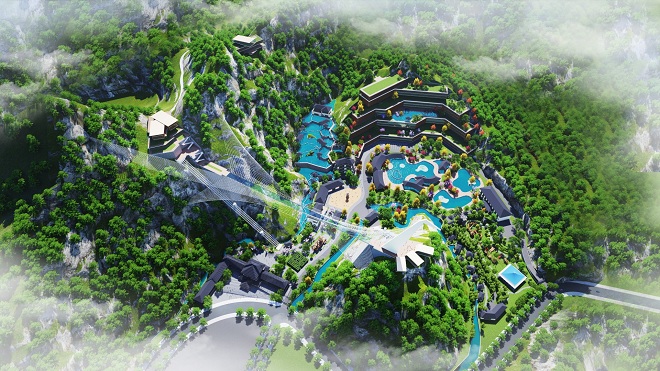 Phối cảnh công viên suối khoáng nóng thuộc giai đoạn 2 dự án Yoko Onsen Quang Hanh.