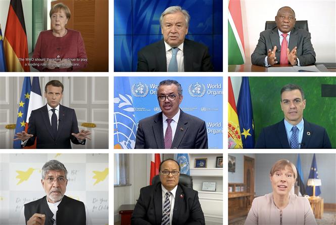 Tổng Thư ký Liên hợp quốc (LHQ) Antonio Guterres (giữa, hàng trên) phát biểu tại cuộc họp thường niên chính của các thành viên Tổ chức Y tế Thế giới (WHO), tại Geneva, Thụy Sĩ, ngày 24-5-2021. Ảnh: AFP/ TTXVN