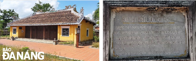 Ngôi đình cổ Phương Hòa có niên đại gần 200 năm (ảnh trái) và bia đăng ký bảo vệ di tích của UBND tỉnh Quảng Nam năm 1999. Ảnh: A.T