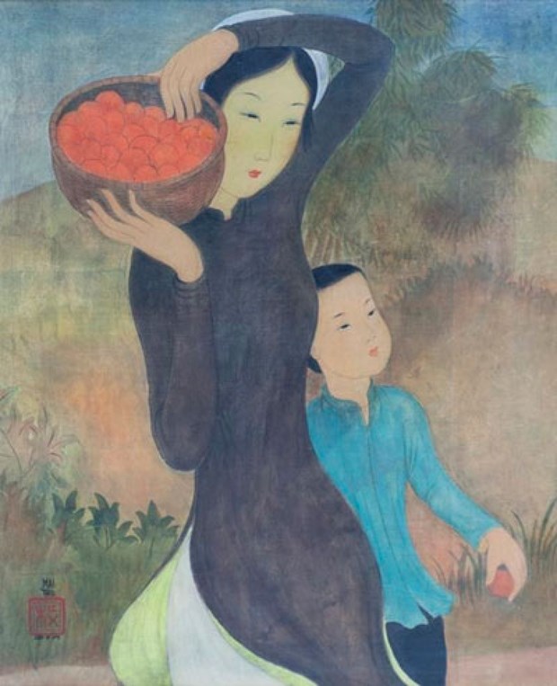 The artwork Mère et Enfant, panier de fruits (Mother and Child, fruit basket) by Mai Trung Thu. (Photo courtesy of the exhibition)