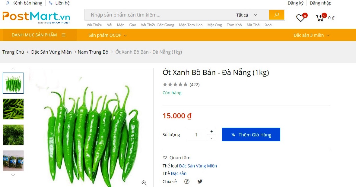 Bo Ban chilies grown in Hoa Phong Commune, Hoa Vang District are on display for sale on PostMart.vn.