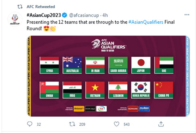 Liên đoàn bóng đá châu Á (AFC) chính thức công bố danh sách 12 đội bóng châu Á lọt vào vòng loại thứ 3 World Cup 2022. Ảnh: AFC