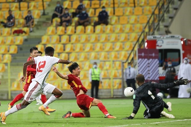 Tran Minh Vuong scores a goal in a match against the UAE on June 15 (Photo: VNA)